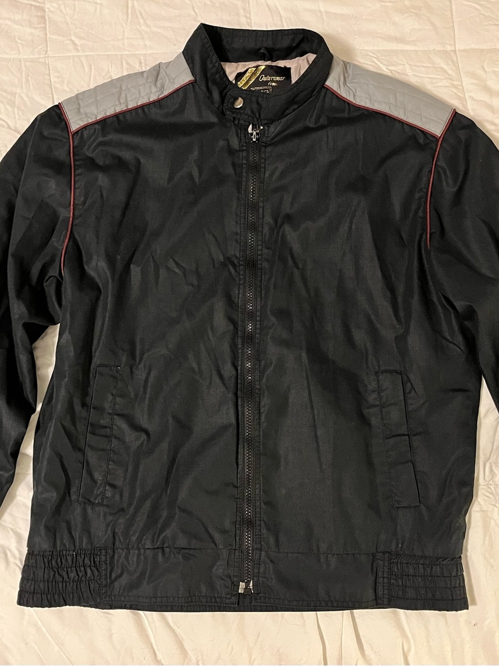 Vintage Sears Black Windbreaker Jacket with Gray Shoulder Panels and Red Piping
